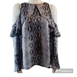 Yoins Snakeskin Animal Print Blouse Ruffle Cold Shoulder Bell Sleeve Women Med